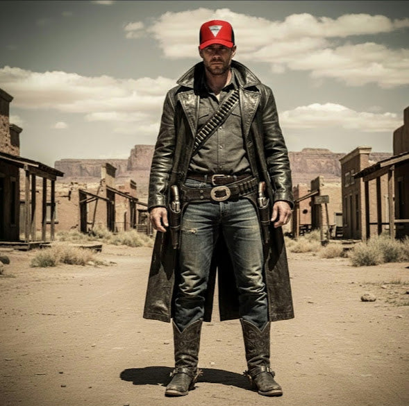 john finnin red polyester trucker hat hired Gunman