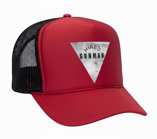 john finnin red polyester trucker hat hired Gunman